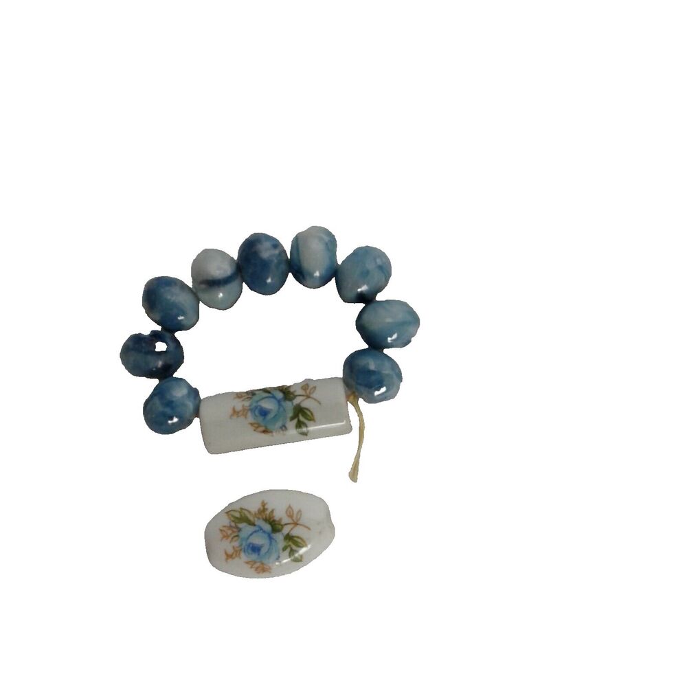 Vintage Japanese Milk Glass  Porcelin Oval And Tube Beads W/ blue rose & round